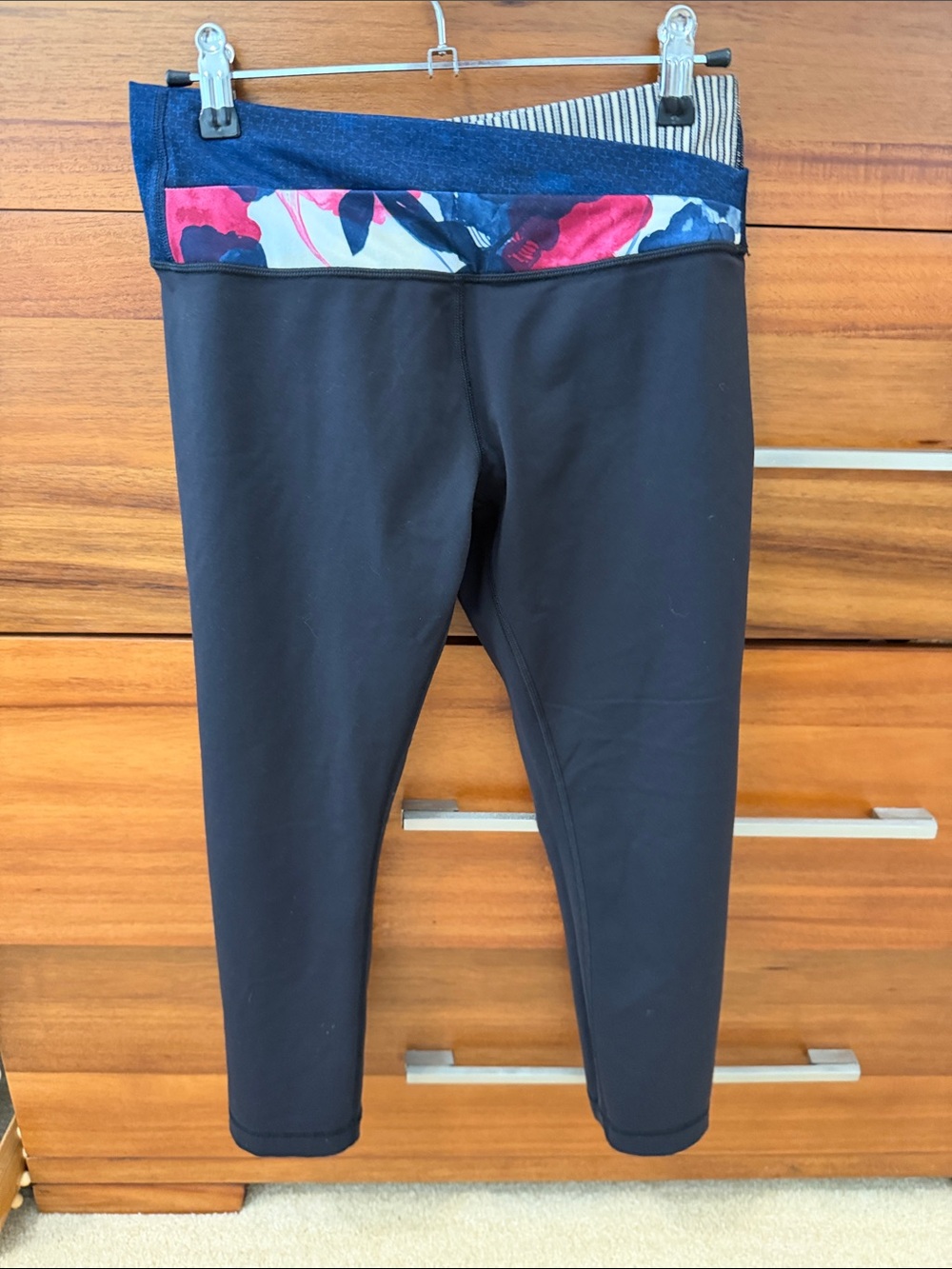 lululemon athletica Black Leggings with Pink & Navy Floral Waistband